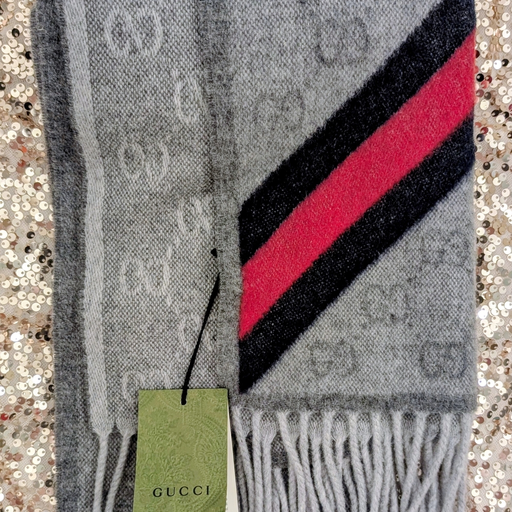 Gucci Gray Scarf Wool Nikky Alpaca Monogram Unisex Gray Navy Red Classic Chic
